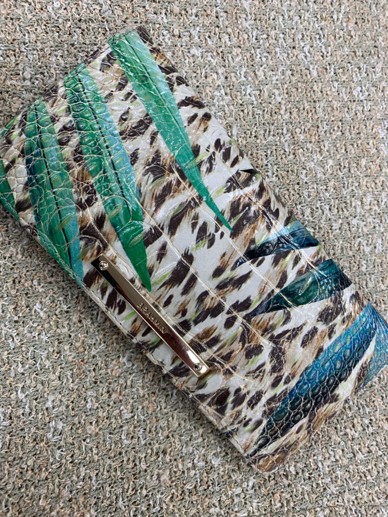 Brahmin Feather & Animal Print Clutch In Teal, Brown & White